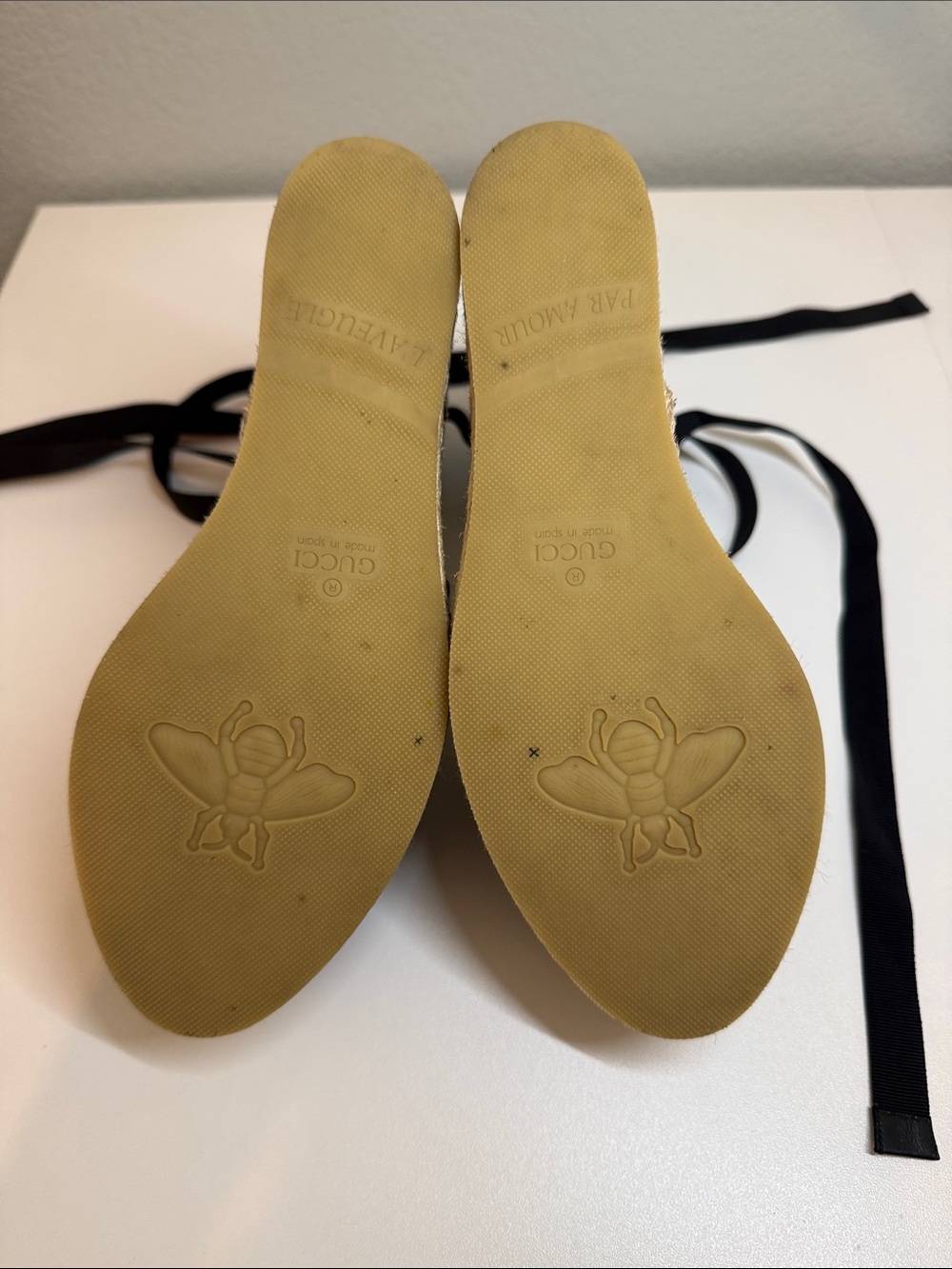 Gucci Black Leather GG Espadrille Wedges with Ribbon Ties - Picture 10 of 14